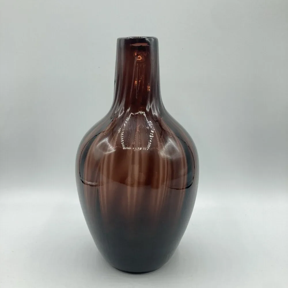 Vtg Handblown Art Glass Amethyst Ribbed Optic Jug Applied Clear Handle 8.75